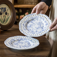 Assiette en céramique bleue vintage à motifs floraux, élégante, pour dîner, salade, dessert, vaisselle décorative