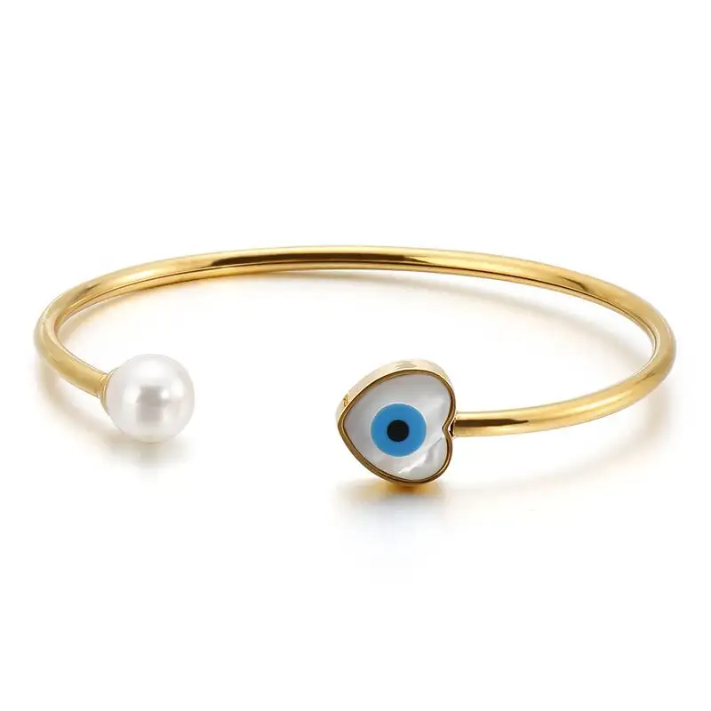 Wholesale Women Lucky Pearl Jewelry 18K Gold Plated Expandable Open Cuff Bracelet Stainless Steel Heart Blue Evil Eye Bangle