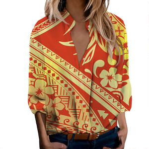 T-shirts décontractés à manches courtes et col en V avec imprimé tribal polynésien Tapa samoan, hauts élégants, chemise à boutons pour femmes - Product Image 3