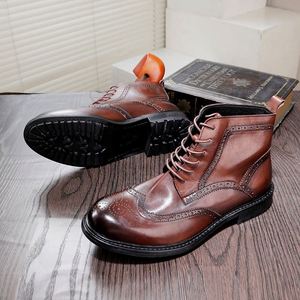 Autumn New Arrival Men's Boots Brogue Carved Retro Ankle Boots Goodyear Welt Craftsmanship Handmade - Product Image 5