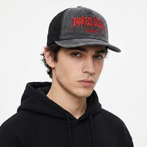 Gorra de béisbol snapback personalizada para niños, estilo camionero de <span class=keywords><strong>Miami</strong></span>, lavada, con visera plana, bordado rojo gótico, malla, estilo étnico vintage streetwear - Product Image 6