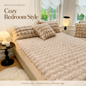 Conjunto de Cama de Inverno para Casa: Capa de Cama de Pelúcia com Pelo Sintético de Coelho, Colcha de Veludo 3D Bolha, <span class=keywords><strong>Queen</strong></span>, 3 Peças, Lençol Ajustável e Capa de Colchão - Product Image 3