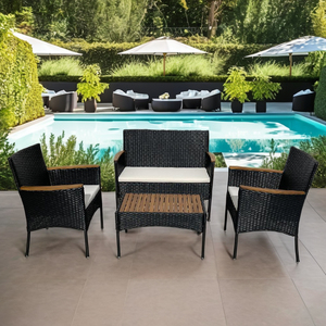 4P00077 Fabrication directe en usine au Vietnam, mobilier de jardin en rotin, ensemble table et chaises 4 pièces pour extérieur/intérieur avec plateau de table en bois d'acacia - Product Image 3