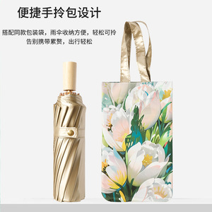 Paraguas plegable de 16 costillas de oro titanio 70%, mango de madera Retro moderno, protección solar, revestimiento de Color, paraguas de regalo en stock de fábrica - Product Image 3