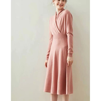 Robe en cachemire 100% pour femmes, col en V, style enveloppant, cintrée à la taille, manches longues, midi, élégante, automne-hiver, robe swing