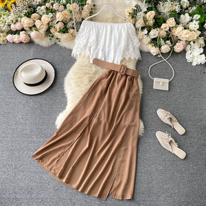 الدانتيل كشكش النساء s مجموعات اقتصاص أعلى + تمتد عالية الخصر ألف خط تنورة أنيقة أزياء الصيف 2-قطعة أعلى وأنيقة تنورة - Product Image 3