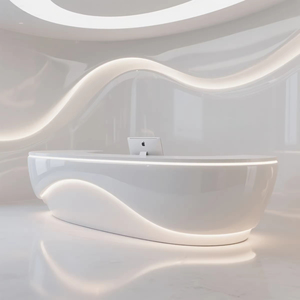 Comptoir de hall en fibre de verre blanc brillant - Forme organique personnalisée, avec bande lumineuse intégrée, personnalisation haut de gamme - Product Image 1