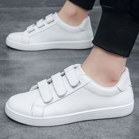 Chaussures basses décontractées en cuir PU noir pour hommes, fermeture à scratch, confortables, antidérapantes, plates, pour la marche quotidienne, l'école, le travail