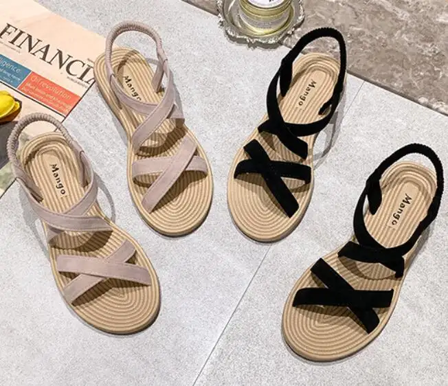 On sale Women Roman Sandals Fish Mouth Open Toe Hollow Ankle Elastic Band Ladies Street Flat Sandals