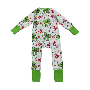 RTS, venta al por mayor, ropa para niños, Pelele de otoño con lazo rojo verde de Navidad para bebé, ropa de diseño de primavera y otoño - Product Image 3