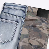 Jeans camouflage à jambes fendues pour hommes, patchwork contrastant, denim slim, effet empilé, streetwear déchiré, décontracté, personnalisé, OEM