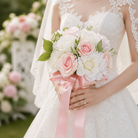 Buket Pengantin Mawar Buatan Multi Warna Pita Satin Bunga Tangan Dekorasi Upacara Pernikahan Buket Pernikahan Buatan