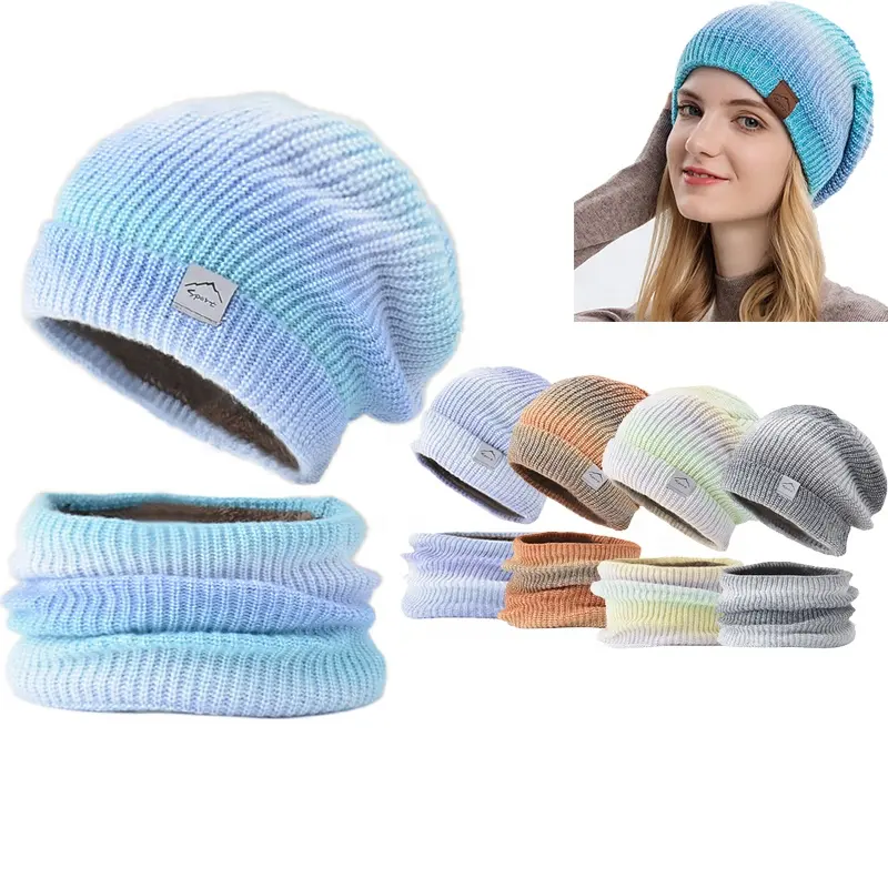 Mode Gradiënt Helling Tie Geverfd Verdikte Warm Tweedelige Gebreide Muts En Sjaal Voor Wollen Acryl Vrouwen Winter Beanie hoed Hals