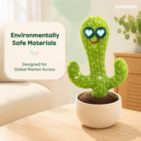 Cactus en peluche intelligent interactif parlant, dansant, chantant et répétant la voix, avec chargement rapide USB-C, cadeau éducatif pour les tout-petits