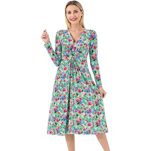 Vestido Midi Casual de Manga Larga con Cuello en V y Estampado Floral para Mujer, Cintura Alta, Corte en A, Viscosa de Bambú, Tallas S a XXL - Product Image 1