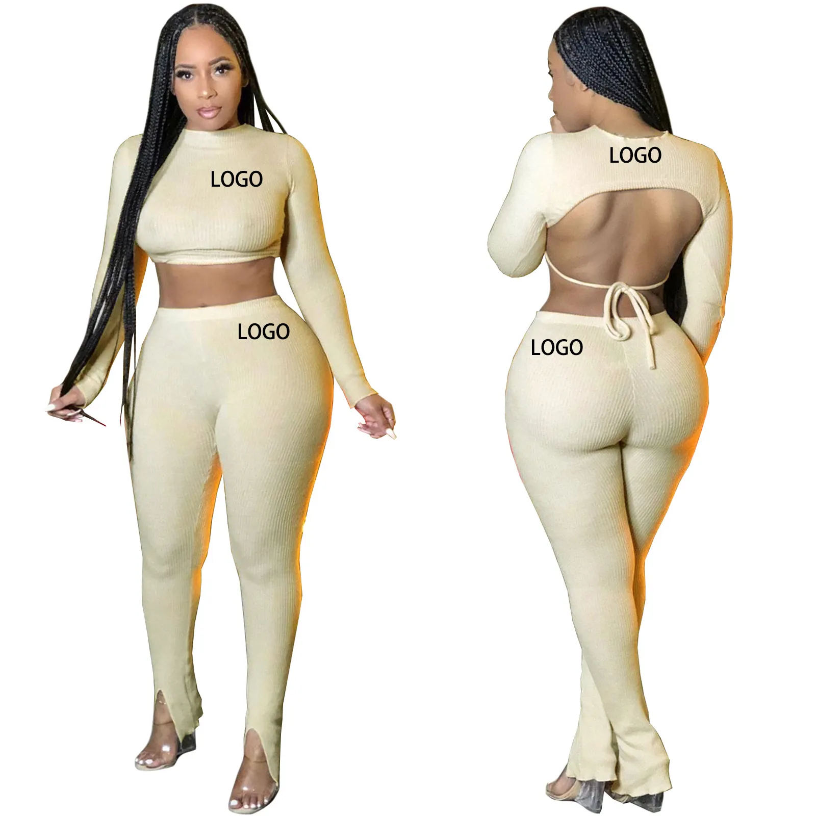 Women backless skinny ribbed two piece pant set winter scrunch crop top long sleeve knit matching 2 piece tracksuit set women