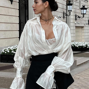 <b>White</b> Chiffon Solid Summer <b>Long</b> <b>Sleeve</b> <b>Blouse</b> with Turn-Down Collar Button Detail Loose Fit for <b>Women</b> Daily & Office Wear - Product Image 6