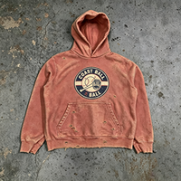 Sweat-shirt à capuche épais délavé style vintage avec imprimé graphique baseball, rouge brique, effet vieilli et pulvérisé, streetwear