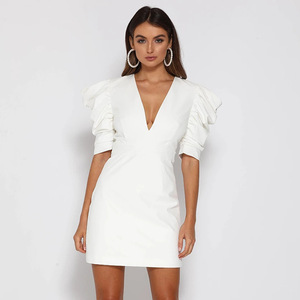 Robe à manches princesse boutonnées et dos nu pour femmes élégantes robes de carrière décontractées moulantes blanches sexy pour femmes - Product Image 4