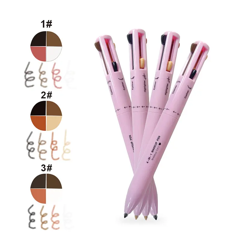 Bolígrafo de maquillaje con función 4 en 1 de retoque de logotipo personalizado lápiz de cejas delineador de labios resaltador bolígrafo de cosméticos multiusos