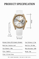 Automatische Mechanische Herrenuhr Edelstahl Kristallbesetzter Lünette Sonnenschliff-Zifferblatt Vergrößertes Datum Silikonarmband Armbanduhr