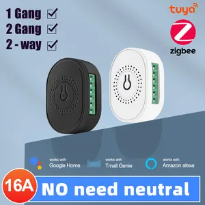 16A No Neutral Wire Tuya ZigBee Smart Light Switch Module Mini Breaker 2 Way Control For Alexa Google Home Gateway White Color