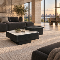 Ensemble de tables basses rectangulaires en marbre avec plateau relevable et tiroir frontal large sur glissières métalliques pour salon moderne