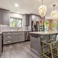 Kabinet dapur Modern kabinet dapur kayu solid abu-abu set lengkap lemari dapur modular kustom dengan lampu Led