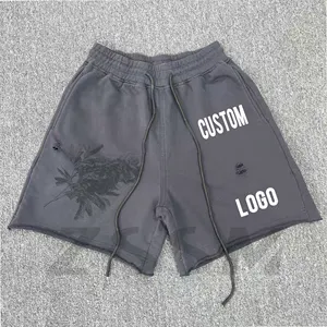 ZSSM custom Screen Printing streetwear vintage sweat shorts ripped distressed french terry acid wash sweat shorts for men