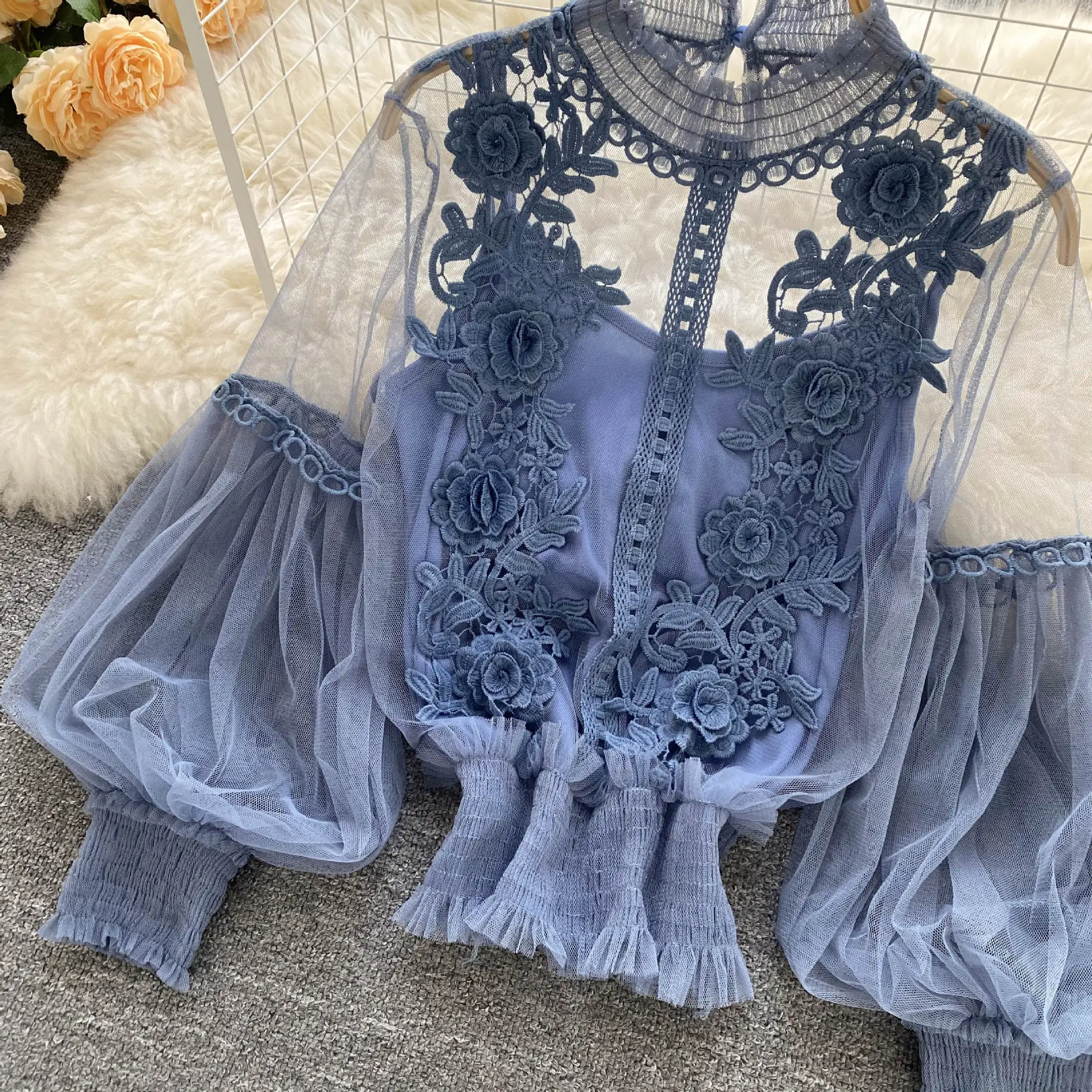 2022 best sell designer woman tops fashionable Lace embroidered flowers ladies women s sexy lace topps women top