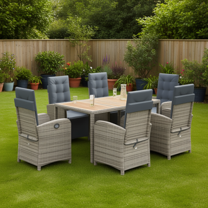 Set da Pranzo da Giardino Grigio per 6 Persone, Tavolo in Rattan e Teak, Arredamento da Esterno dal Design Contemporaneo Resistente alle Intemperie - Product Image 2