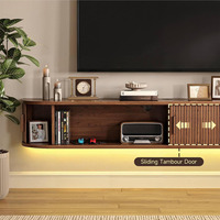 Mueble de TV Flotante Estilo Japandi, Consola Multimedia de Nogal Acanalado, Mueble de Salón con Luz LED, Precio de Fábrica para Pedidos al por Mayor