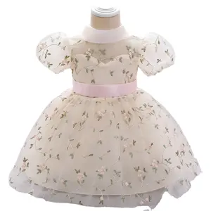 Hot Sale Sweet Design New Baby 1 Year Old Short Sleeve Puffy Embroidery Girls Party Dresses Princess Children