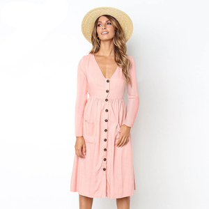 De manga larga con cuello en V bolsillos botón <span class=keywords><strong>vestido</strong></span> de mujer de verano de 2019 otoño <span class=keywords><strong>Midi</strong></span> <span class=keywords><strong>vestido</strong></span> de camisa Casual Sexy <span class=keywords><strong>Vestido</strong></span> de playa de las mujeres <span class=keywords><strong>vestido</strong></span> de camisa - Product Image 6