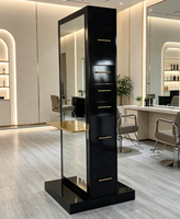 Kit de mobilier de salon de coiffure moderne de luxe noir et or en bois avec miroir en verre, chaise de coiffage, chariot et unité de lavage pour centre commercial