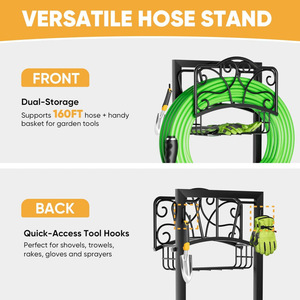 <b>Garden</b> hose holder with storage basket and tool <b>hook</b>. Metal hose rack can hold up to 160 feet of hose. - Product Image 4