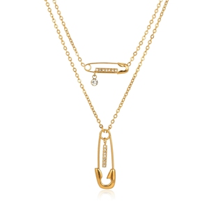 <span class=keywords><strong>Collier</strong></span> à pendentif en acier inoxydable plaqué or PVD 18 carats avec <span class=keywords><strong>strass</strong></span> blancs classiques, chaîne en O, <span class=keywords><strong>collier</strong></span> à double couche pour femme - Product Image 1