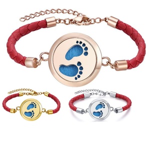 Custom 316L Stainless Steel Jewelry Kids Footprint Classic Essential Oil Diffuser 18K Gold Plated <b>Leather</b> <b>Bracelet</b> Gift - Product Image 6