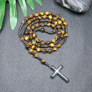 7 Chakra Muslim Tasbih Cross Bracelet Real Healing Hematite Gemstone Yoga Meditation Hand Knotted Mala Prayer Beads Necklace