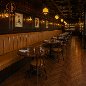 Set di Arredamento Commerciale <span class=keywords><strong>Vintage</strong></span> Ron Group: Tavolo Rotondo in Legno, Sedia in Legno Massiccio, Panca in Pelle con Schienale Alto per Ristorante - Product Image 2