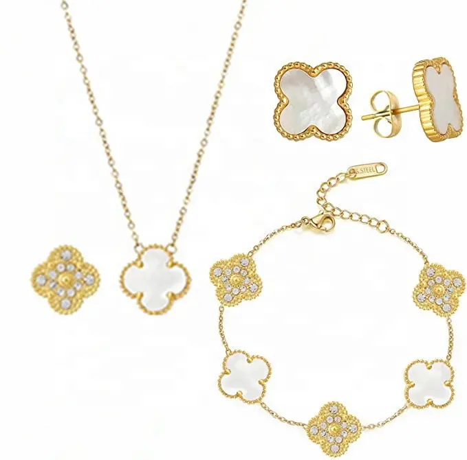 cheap 18k gold plated stainless steel fashion white zircon four leaf clover necklace earrings bracelet women's jewelry set