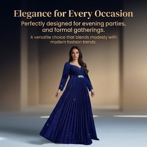 Elegante Vestido de Noche Azul Rey de Poliéster Plisado de Manga Larga Maxi con Detalle en la Cintura para Banquete y Eventos Especiales - Product Image 2