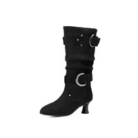 Bottes en daim pour femme à boucle, nouvelle collection automne-hiver 2026, style européen et américain, design souple, talons fins très hauts, mi-mollet pliable
