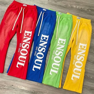 Pantalon <span class=keywords><strong>de</strong></span> jogging vintage évasé pour homme en molleton bouclette avec impression 3D en relief, coupe lourde, effet délavé vintage, style streetwear personnalisé - Product Image 1