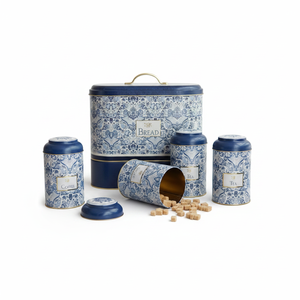 Kontensan 4-Piece Round Tin Kitchen Set with Dome <b>Lid</b> Azulejo-Inspired Blue & White <b>Decorative</b> Pattern - Product Image 2