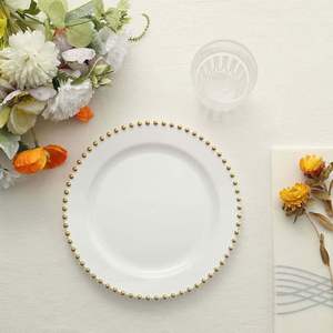 13 Inch White Plastic Dinnerware with Gold Rim Heavy Duty Clear Beaded Charger <b>Plates</b> Bulk Underplates for Wedding Decor - Product Image 3