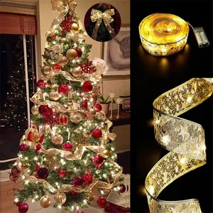 Kerst Lint Fairy Light Diy Bows Light String Kerstboom Decoraties Goud Stempelen Double-Layer Lint Nieuwe Jaar 2023