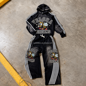 Men 3-Stripes Double Hood Tracksuit Adult XXXL Unisex <strong>Jogger</strong> Jumper Set Embroidered Rhinestone Knit Sweatsuit for Daily Lounge - Product Image 1