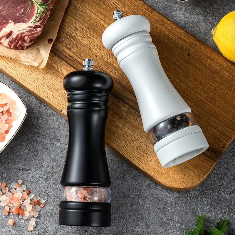 Factory Sale Salt Grinders Refillable Spice Herb Mills Acrylic Visible Window Ceramic Core Manual Black Wooden Pepper Grinder