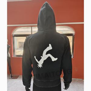 Vintage Acid Wash Zip Hoodie for Men Heavyweight Cotton <b>Streetwear</b> with Distressed Embroidery Patchwork Custom Hooded Collar - Product Image 4